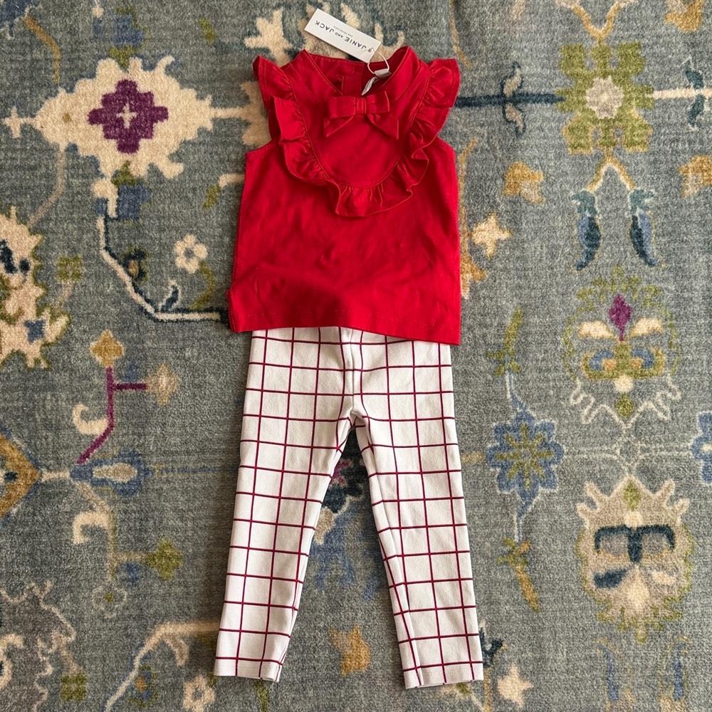 Janie & Jack 2T 2pc Red Ruffle Bow Tank NWT with White windowpane leggings EUC